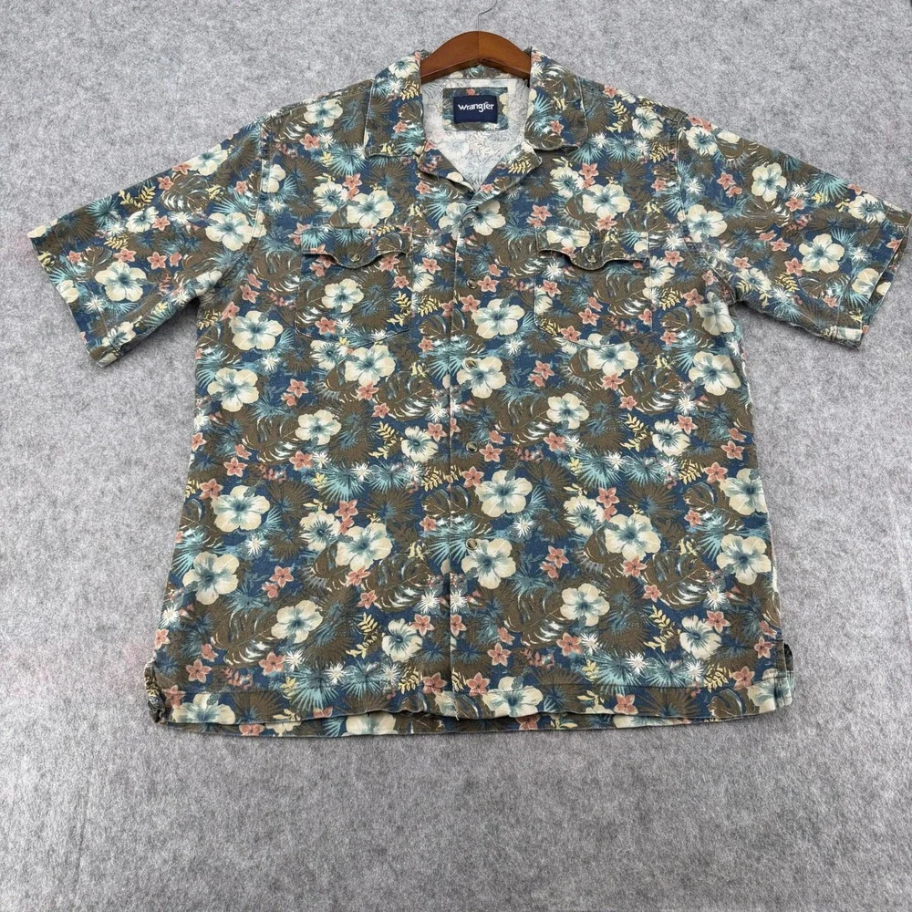 Wrangler Mens Blue Tropical Hibiscus Floral Short Sleeve Snap Pocket Shirt L